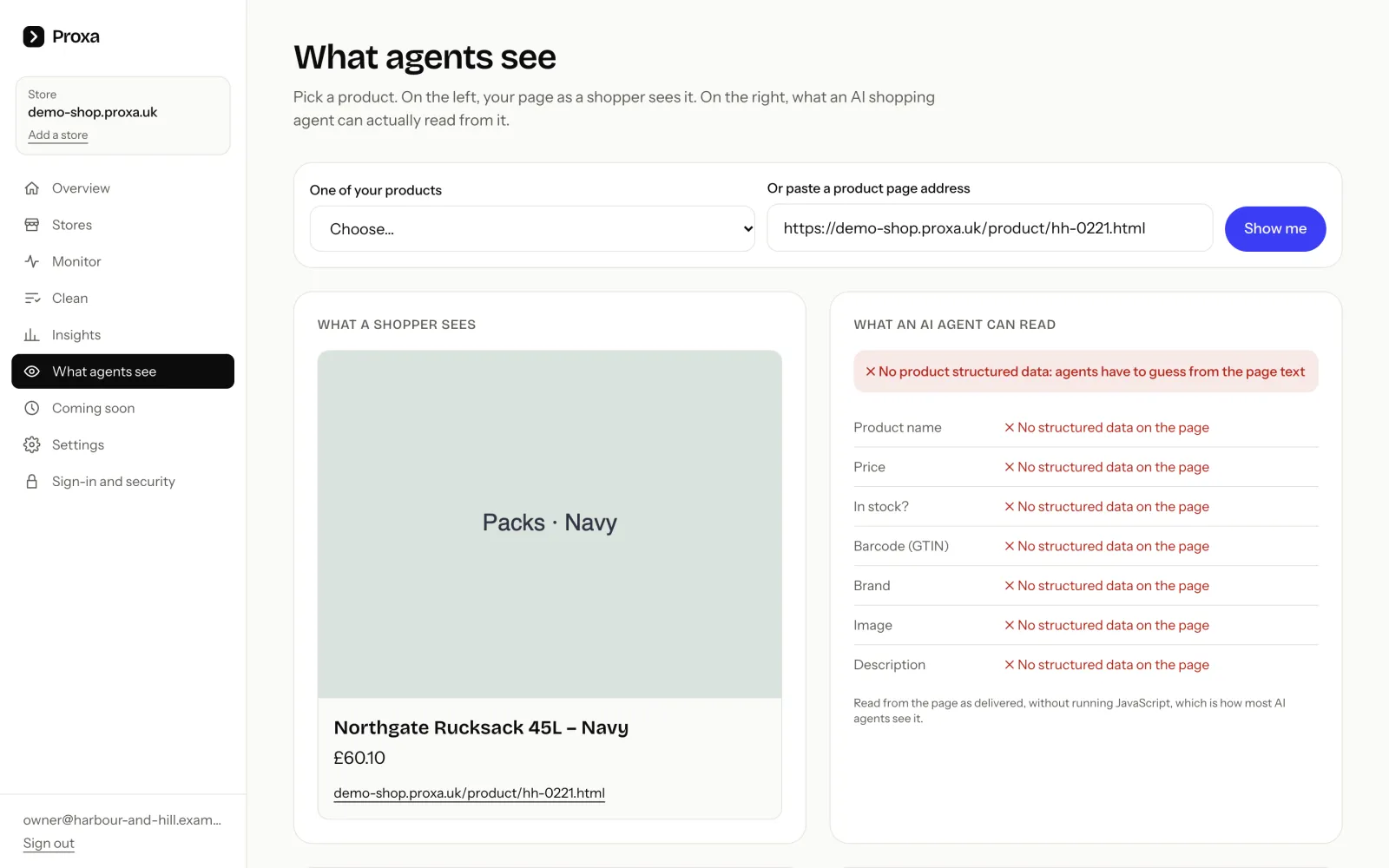 The What agents see screen: a product page as a shopper sees it next to the fields an AI agent can read, all missing.
