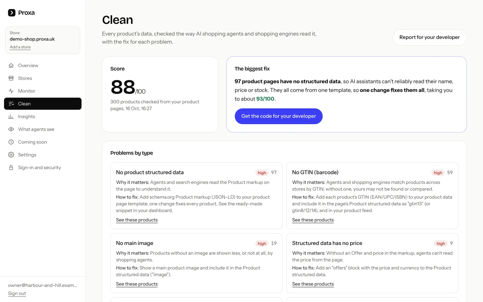 The Clean screen: the catalogue score, the biggest fix, and problems by type with why they matter and how to fix them.
